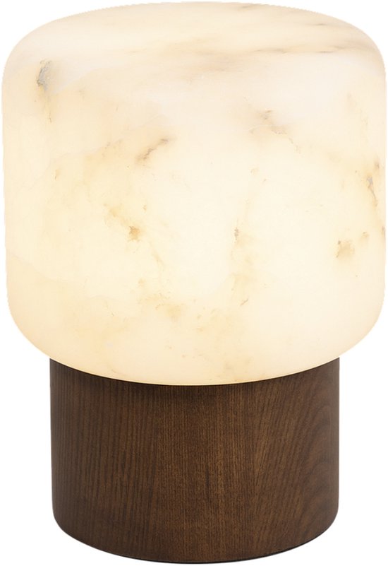 Atmooz Ernesto Tafellamp - H 25 cm - Ø 19 cm - Bruin eikenfineer - Alabaster lampenkap - E14 fitting - Natuurlijke tafellamp voor slaapkamer, woonkamer of dressoir - Warme en tijdloze sfeerlamp