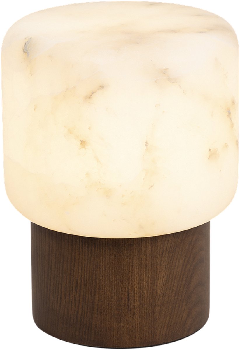 Atmooz Ernesto Tafellamp - H 25 cm - Ø 19 cm - Bruin eikenfineer - Alabaster lampenkap - E14 fitting - Natuurlijke tafellamp voor slaapkamer, woonkamer of dressoir - Warme en tijdloze sfeerlamp
