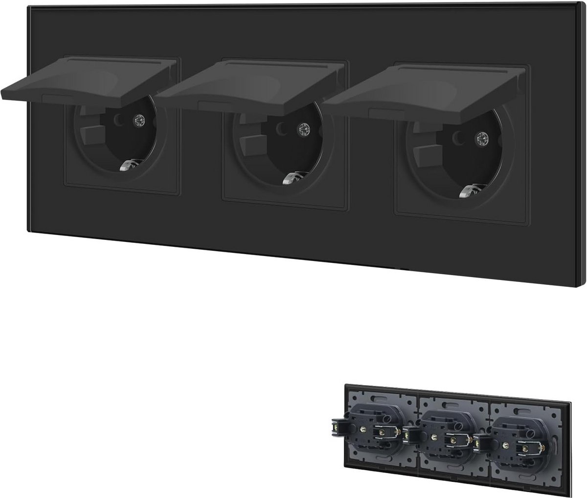 Waterdicht 3-voudig Stopcontact met Kristallen Glas Plaat - Schuko Wandstopcontact 16A