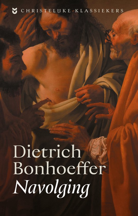 Boek "Dietrich Bonhoeffer Navolging" met op de cover een schilderij van bijbelse figuren in warme tinten.