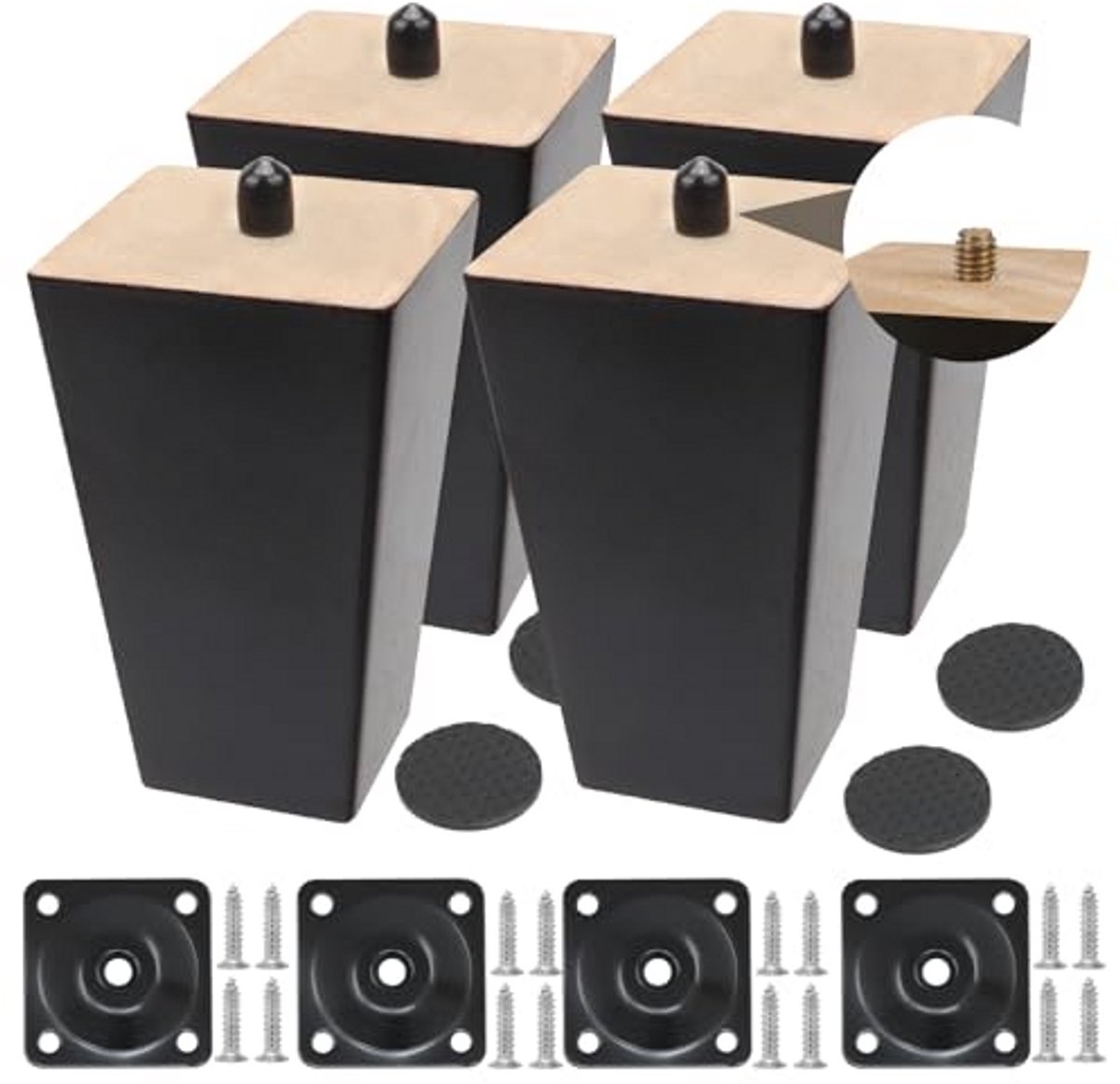 Houten meubelpoten set van 4 - Vervangende meubelpoten 10 cm, zwart, met schroeven en viltglijders