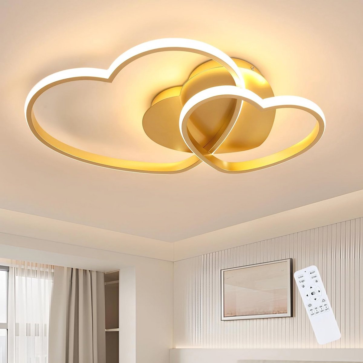 Dimbare LED Plafondlamp 48W met Afstandsbediening en APP, 3000K-6500K, Hartvormige Plafondlamp voor Slaapkamer en Woonkamer, Goud, 50cm