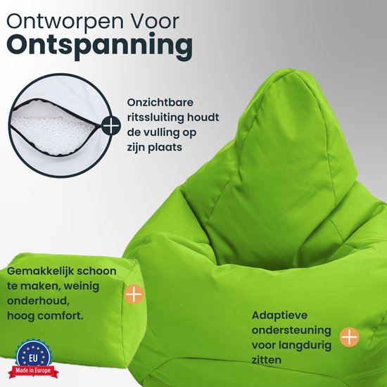 Gedetailleerde limegroene zitzak en poef, met illustratie van ritssluiting en EPS-korrels.