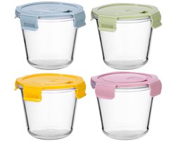 Glas Bewaarbakken Set - 700ml Luchtdichte Voedselbewaar Bakjes - Oven, Magnetron & Vriezer Bestendig - BPA-vrije Afsluitdeksels - Geschikt voor Meal Prep, Salades, Soep - Inclusief 4 Kleurrijke Deksels
