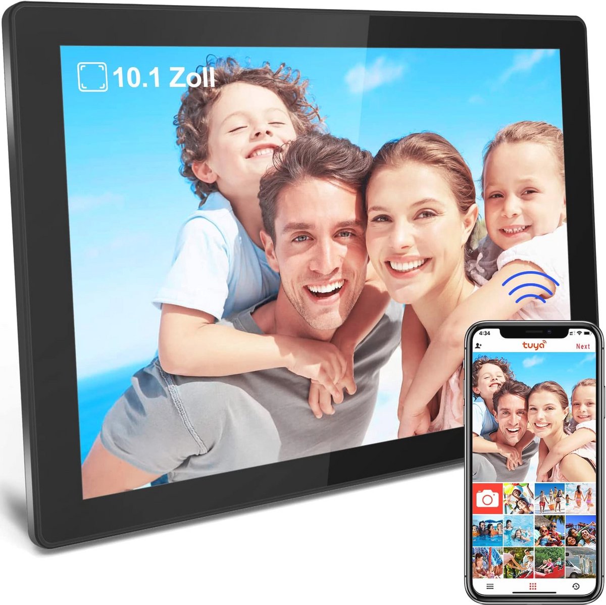 Digitale fotolijst 10,1 inch met WiFi en touchscreen - 1280p, 16 GB geheugen, automatische rotatie, foto en video delen