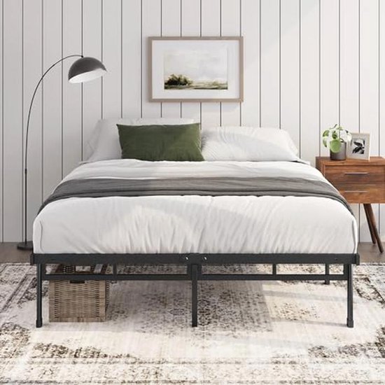 Yicensen Metalen Bedframe met Gebogen Hoofdeinde en Voeteneinde 160x190 cm, Tweepersoons Platformbed met Zware Metalen Latten voor Stabiele Ondersteuning, Geruisloos, Eenvoudige Montage, Zwart