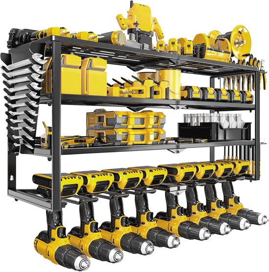 Power Tool Organizer, Wandmontage Heavy Duty Boorhouder, 3 Lagen Power Tool Opslag Rack, Draadloze Boor Opslag & Boor Oplaadstation, Geschikt voor Garage, Werkplaats en Magazijn voor Papa Geschenken