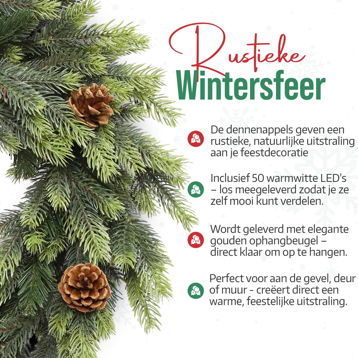 Meisterhome® Kerstkrans 50 cm – Inclusief 50 LED Lampjes – Elegante Gouden Ophangbeugel – Geschikt voor Binnen & Buiten - Kerst krans – foto 6