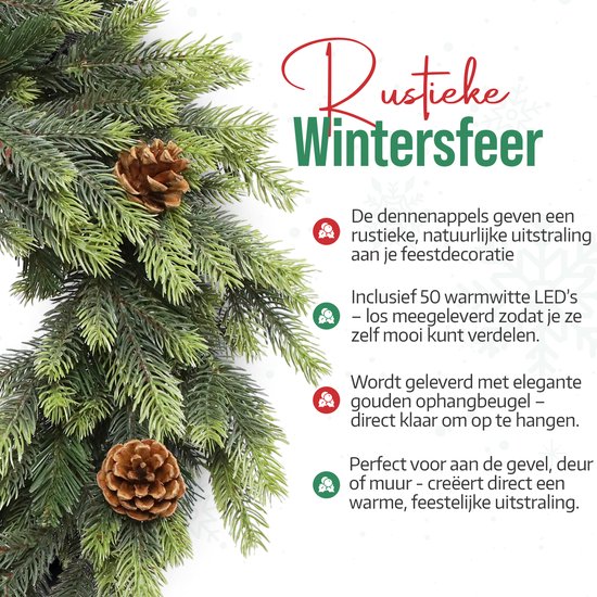Meisterhome® Kerstkrans 50 cm – Inclusief 50 LED Lampjes – Elegante Gouden Ophangbeugel – Geschikt voor Binnen & Buiten - Kerst krans