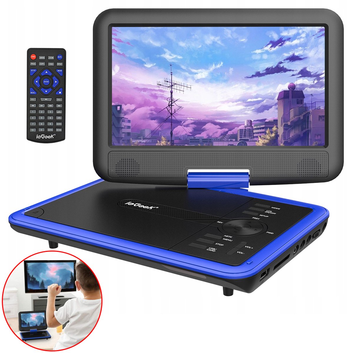 ieGeek IK-902 11" Portable dvd speler met 9" groot HD-draaischerm, 6 uur oplaadbare batterij, ondersteuning voor USB/SD-kaart/Sync TV en meerdere schijfformaten, geen regiobeperking, luidspreker met hoog volume, blauw