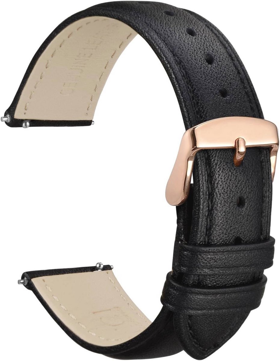 20mm Bloem Horlogeband voor Dames - Echt Leer met Snelsluiting en Roségouden Gesp (Zwart)