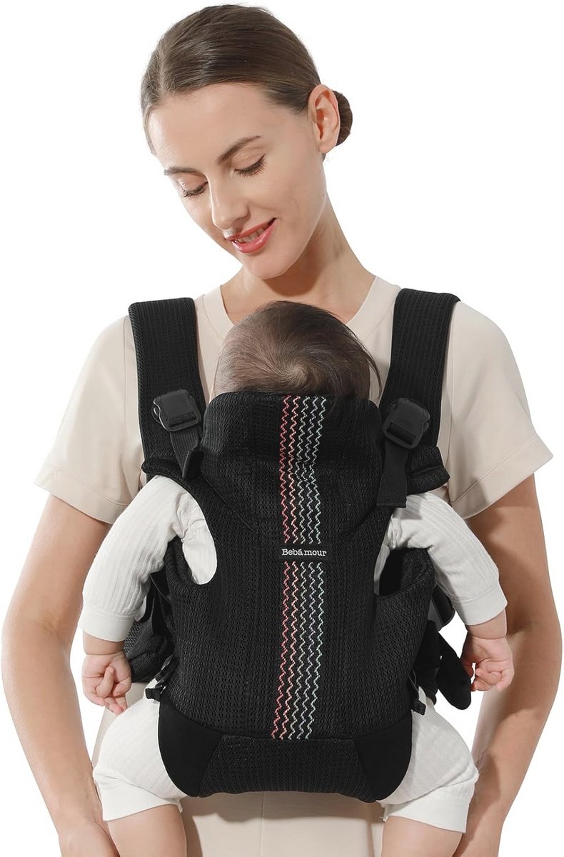 Bebamour Babydrager voor en rug met 2 schouderslabbetjes,Black Pro