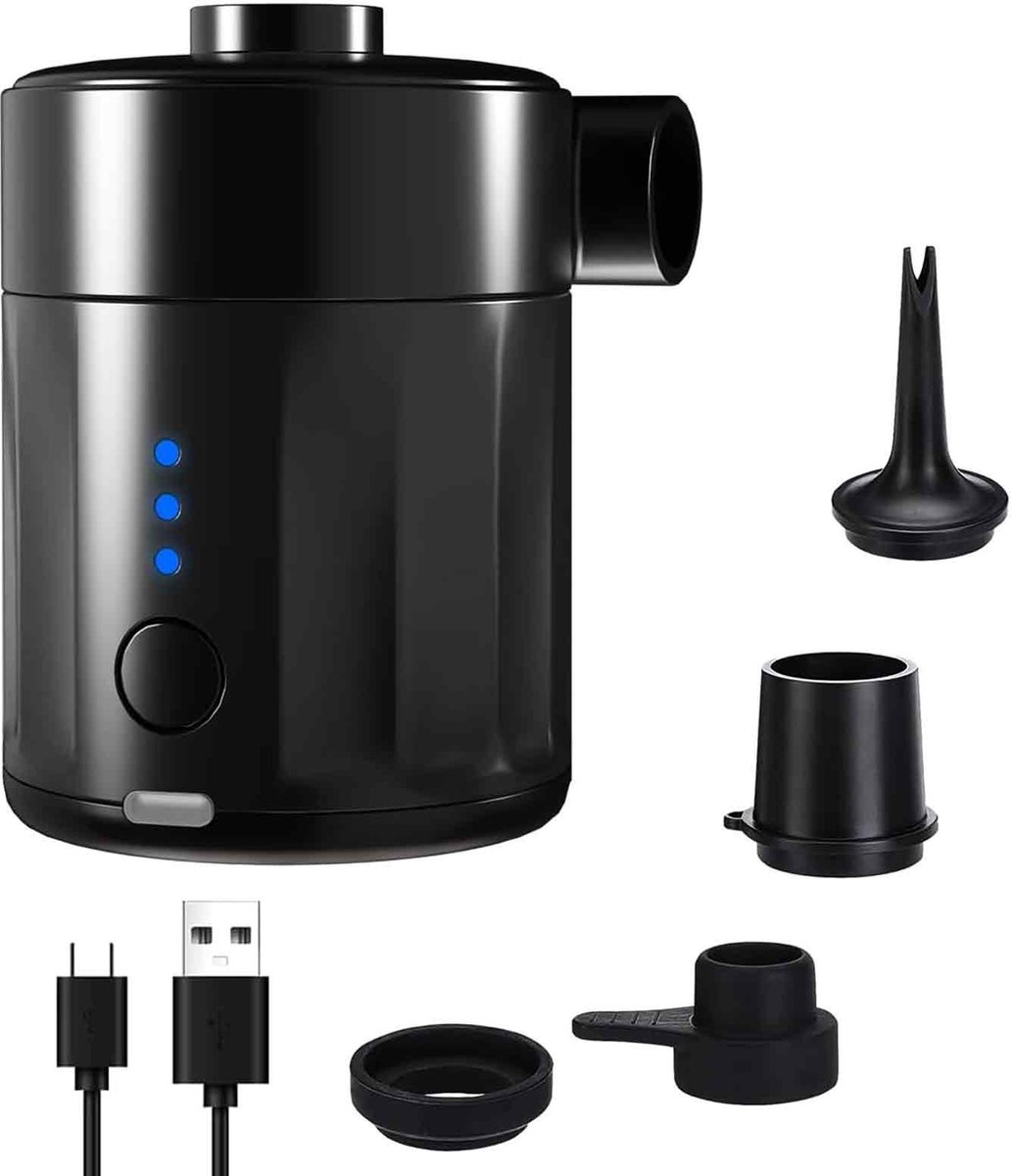 Ynkkvre - Luchtpomp-Luchtcompressor - Elektrische luchtpomp - Zwembadpomp-Draagbaar- 2-in-1-5200 mAh - 450 l/min-Oplaadbare accu - Met 4 spuitmonden en opbergtas - Snelpomp voor boot/luchtbed - zwart