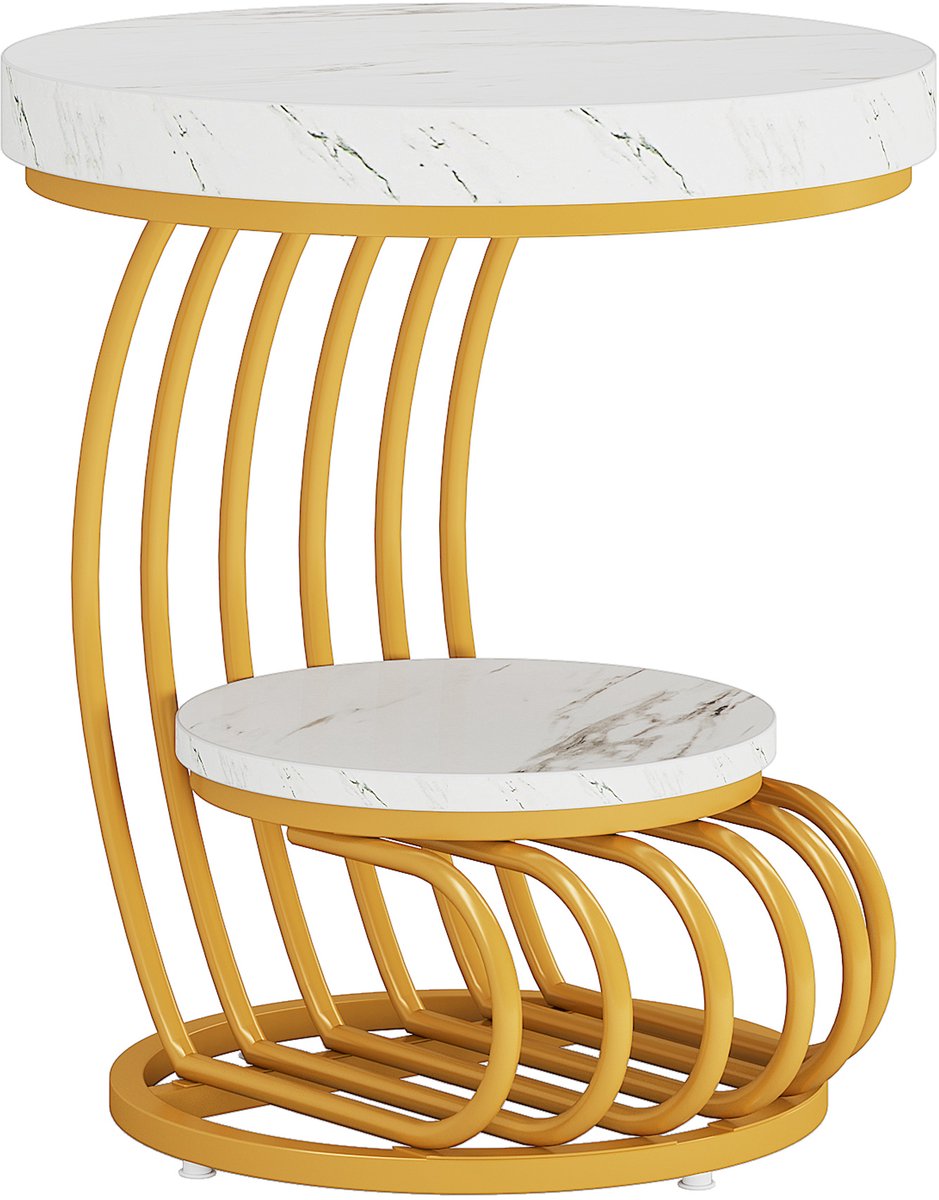 DMG Supply Bijzettafel Rond - 2 Lagen - Kunstmarmerlook - 50 x 50 x 63 cm - Wit en Goud - Spaanplaat en Metaal