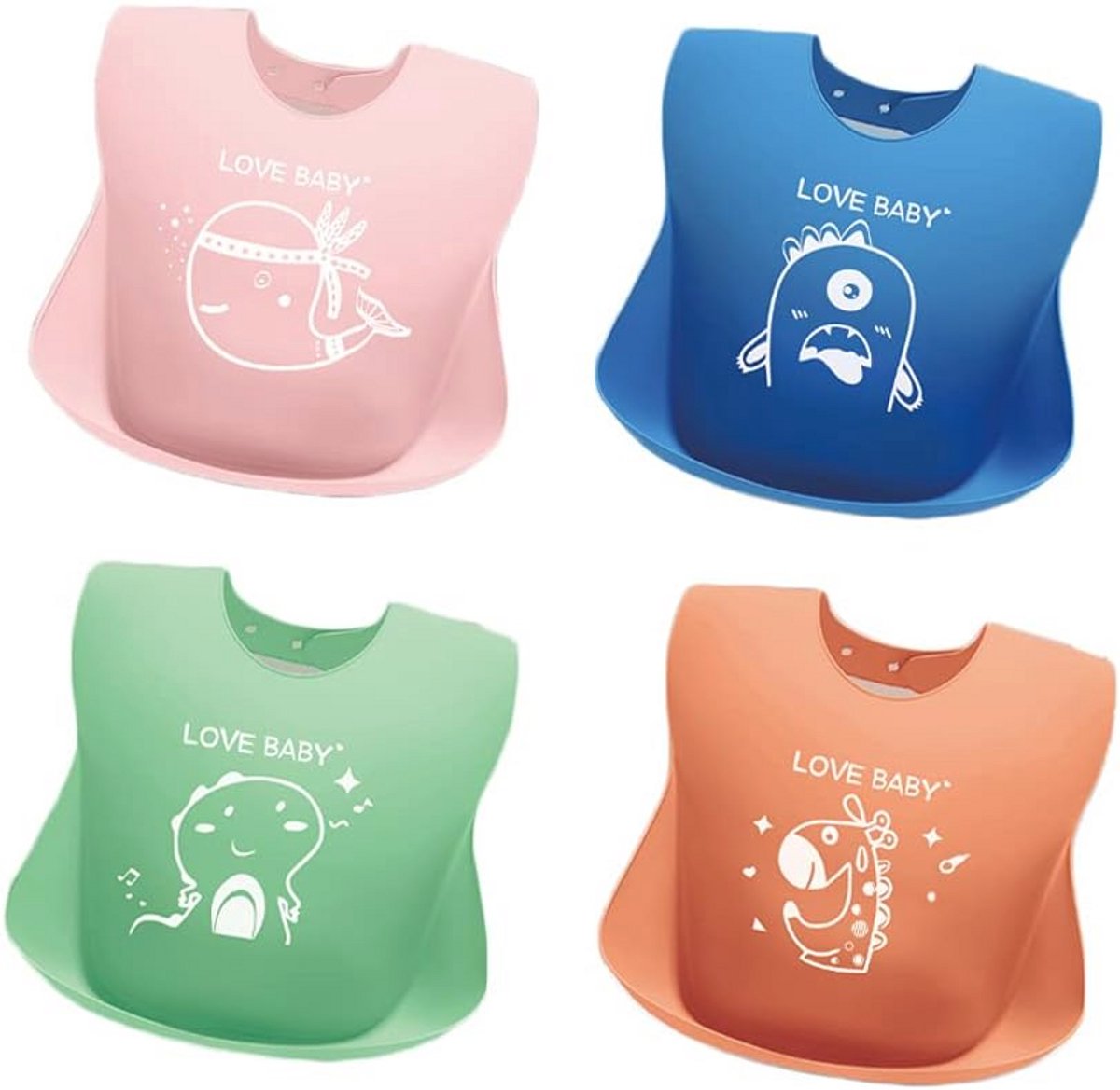 3D Zachte Verstelbare Siliconen Slabbetjes voor Baby's en Peuters - Waterdicht, Set van 4