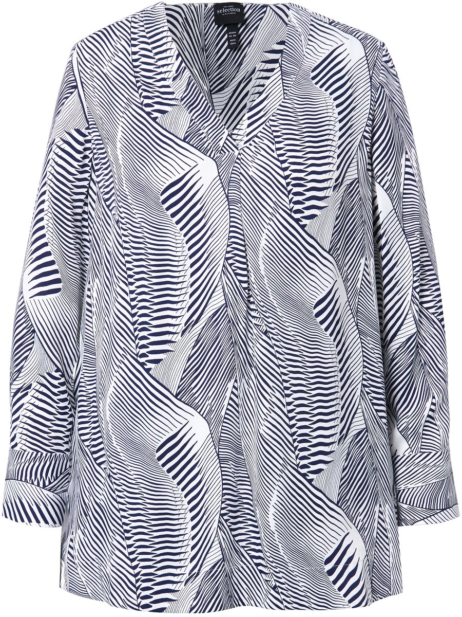 Ulla Popken - Dames - Tuniek satijn V-hals sierplooi lange mouwen - Marine - Maat 42+