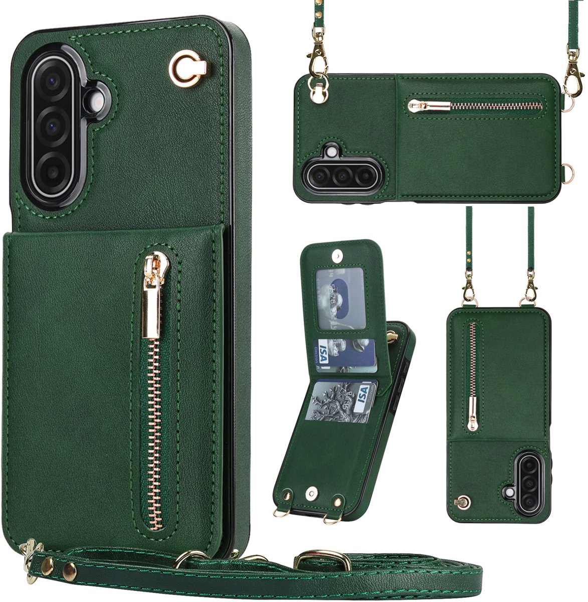 Multimedia & Accessoires Stijlvolle Leren Fashion Backcover Case Hoesje met Koord, Stand Ritsvak en Pasjeshouders geschikt voor Samsung Galaxy A17 - Groen