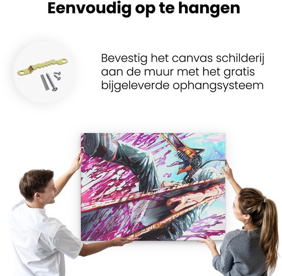 Een man en vrouw houden een groot canvas schilderij van een anime figuur met een kettingzaag voor een witte muur.