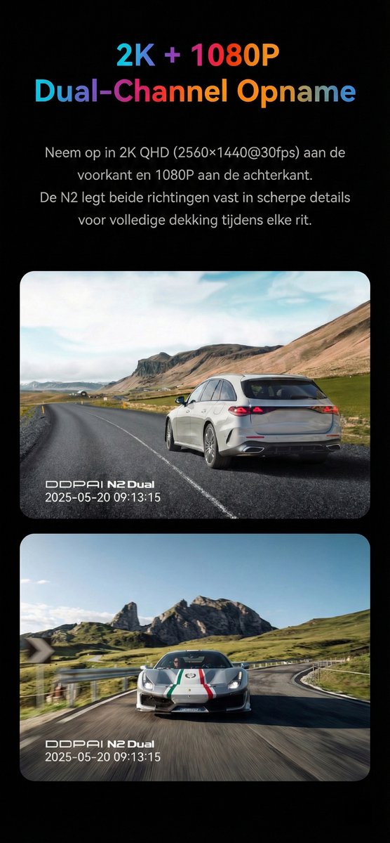 Dashcam Auto Camera Voor en Achter - 4K Beeld - met 64GB SD Kaart - GPS - DDPAI N2 – foto 2