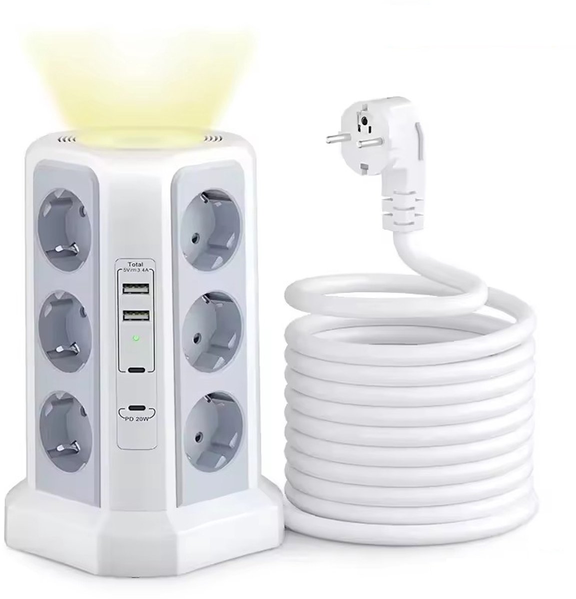 Stekkerdoos - Verticale stekkerdoos - Steekcontactdoos - 4000W 16A Stopcontact - Wit - 12 Europese Stopcontacten & 4 USB (PD 20W) - 3 Lagen Opvouwbaar - Met Nachtlampje & Overspanningsbeveiliging - 2m Kabel - Voor Thuis, Kantoor en Hotel