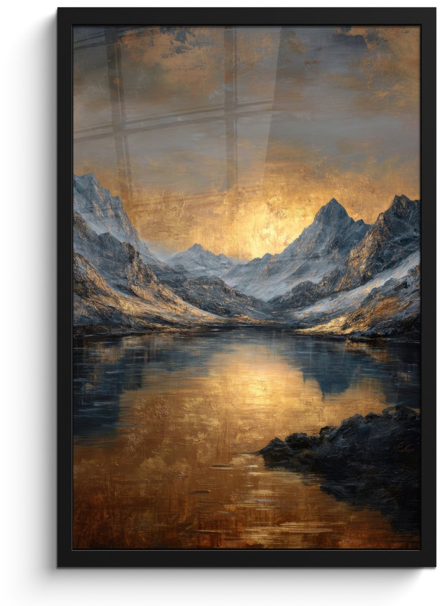 FrameYourWall Poster in lijst - Fotolijst 40x60 cm - Posters - Berglandschap met Gouden Zonsondergang - Posterlijst zwart - Decoratie - Wanddecoratie woonkamer - Muurdecoratie slaapkamer Bergen - Zonsondergang - Meer