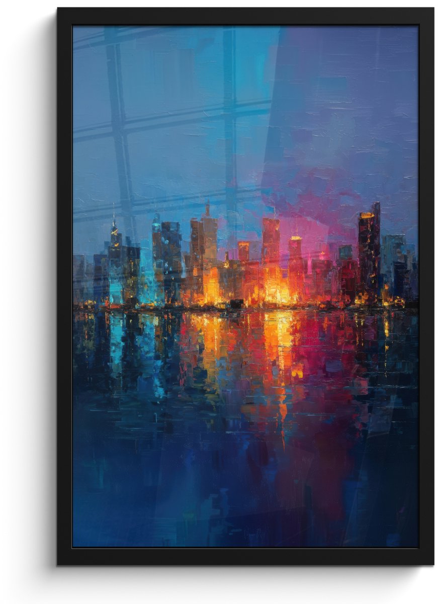FrameYourWall Poster in lijst - Fotolijst 40x60 cm - Posters - Skyline - Penseelstreken - Donkerblauw - Lichtgevend - Posterlijst zwart - Decoratie - Wanddecoratie woonkamer - Muurdecoratie slaapkamer