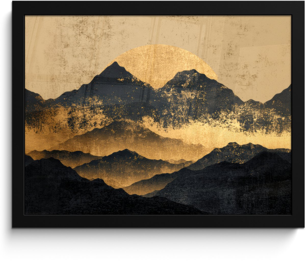 FrameYourWall Poster in lijst - Fotolijst 40x30 cm - Posters - Gouden Bergen bij Maanlicht - Posterlijst zwart - Decoratie - Wanddecoratie woonkamer - Muurdecoratie slaapkamer Bergen - Goud - Schilderij
