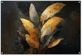 Tuinposter 120x80 cm - Tuindecoratie Gouden Bladcompositie – Botanische Luxe - Poster voor in de tuin - Buiten decoratie - Schutting tuinschilderij - Tuindoek muurdecoratie - Wanddecoratie balkondoek