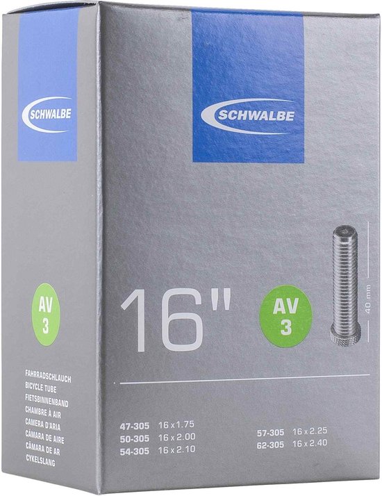 Schwalbe fietsbinnenband verpakking, 16 inch, autoventiel AV3.