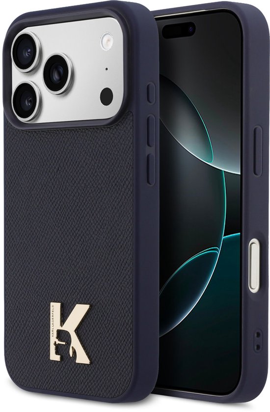 Étui Karl Lagerfeld pour iPhone 17 Pro - MagSafe Cuir Saffiano Metal K & Karl Logo - Bleu marine