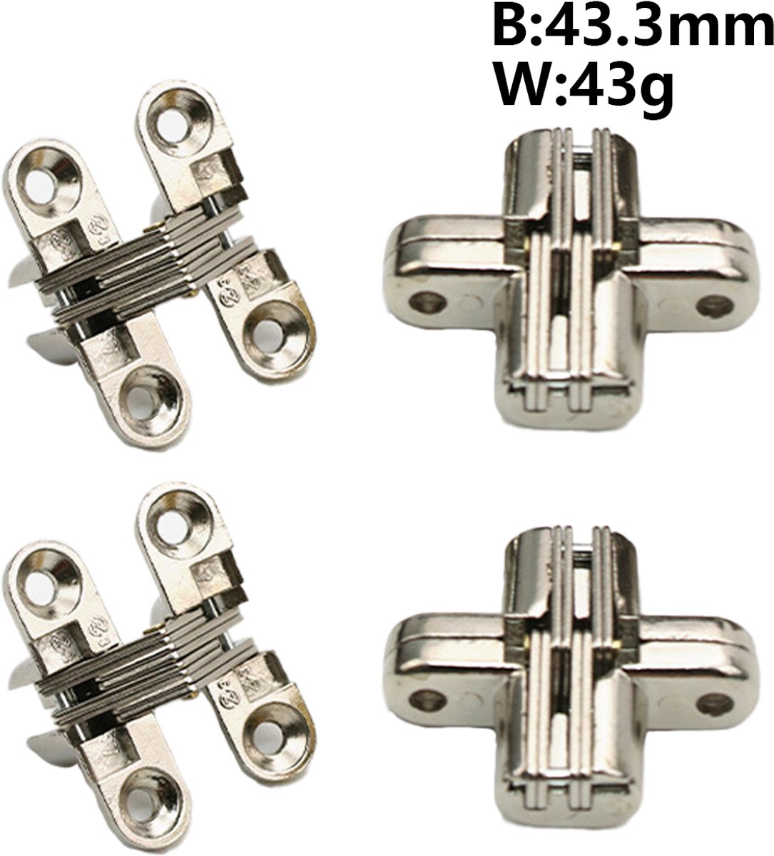 4 stuks Binnendeurscharnieren - 43.3mm - voor Plaatschroef 3.5 x 14 mm - Kruisscharnier - Onzichtbare scharnieren - Verborgen scharnieren - 180 graden onzichtbaar vouwend - voor meubels - Houten deuren - Kabinetten - Kasten - Houten kistjes
