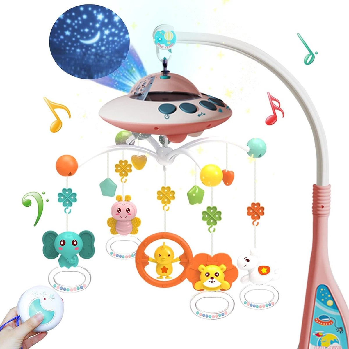 Babywiegmobiel met muziek en lichtjes, mobiel voor de wieg met afstandsbediening, draaifunctie, maan- en sterrenprojectie, babywiegspeelgoed voor jongens en meisjes (roze) - Cadeaus en speelgoed voor een kind van 1 jaar