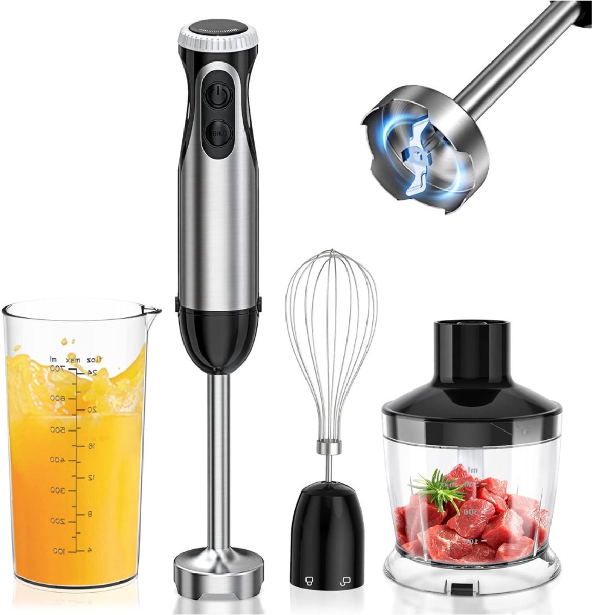 Quvo® Staafmixer Set - 4-in-1 Handmixer 1000Watt - Hakmolen Roestvrij Staal – Handblender met Turbo – Professionele Hakmolens 240V – Staafmixer 1000 watt - Staafmixers - Zwart - 7cm x 7cm x 37cm