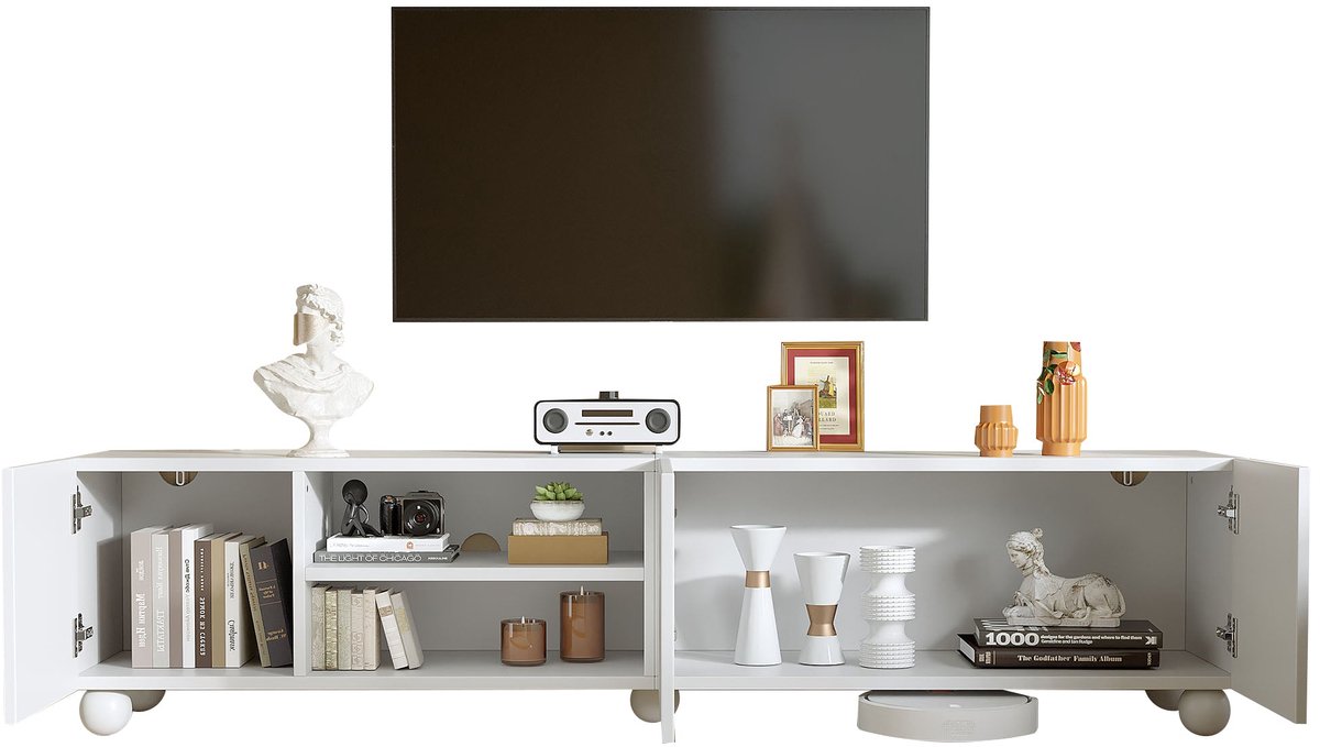 Merax Tv Meubel 200 Cm Wit Met 3 Deuren En Open Vakken - Televisiemeubel / Lowboard 200 X 40 X 44 Cm - Tv Kast Met Decoratieve Deurfronten En 5 Poten - Geschikt Voor Tv Tot 80 Inch