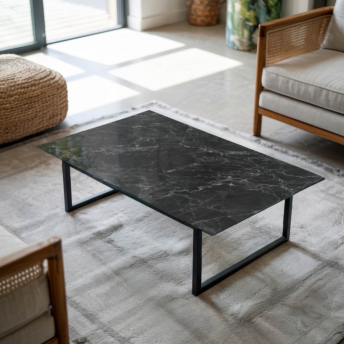 Coloray Tafelblad - Tafelblad Van Glas - 120x80 cm - Zwart - Rechthoek Glazen Tafelblad - Salontafel Blad - Gehard Glas Tafelblad - Glazen Blad - Tafelblad Van Gehard Glas woonkamerdecoratie Zwart - Geaderd marmerpatroon