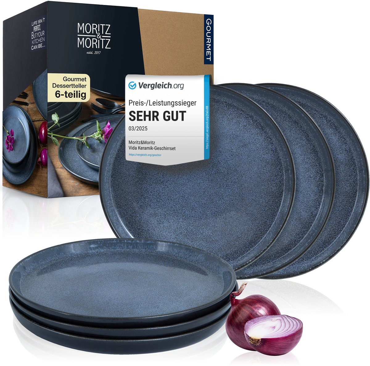 Moritz & Moritz VIDA 6-delige Dessertborden Set - Blauw Porselein Borden voor 6 Persoons 20cm