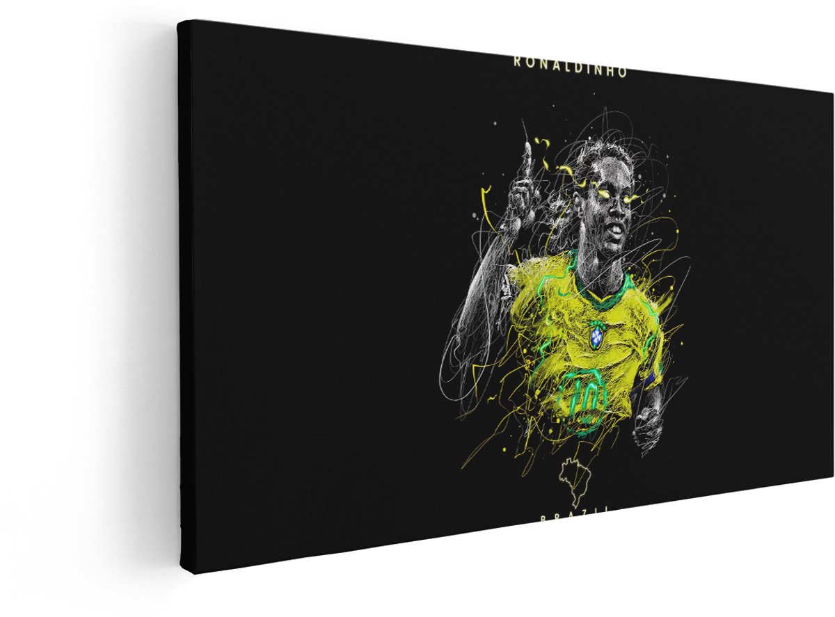 Artaza Canvas Schilderij Ronaldinho - 120x60 cm - Wanddecoratie Voetbal Brazilië - Muurdecoratie Abstract - Schilderijen Op Canvas Geel