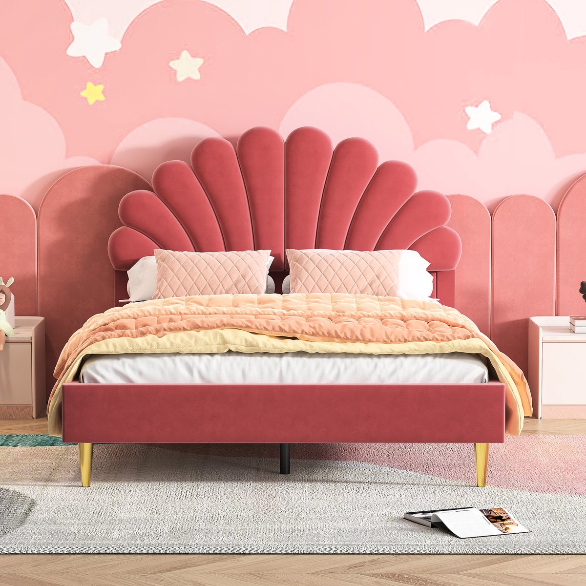 Prinsessenbed 140x200 cm – Fluwelen Bed met Schelp Hoofdbord, Gouden Metalen Poten & Lattenbodem