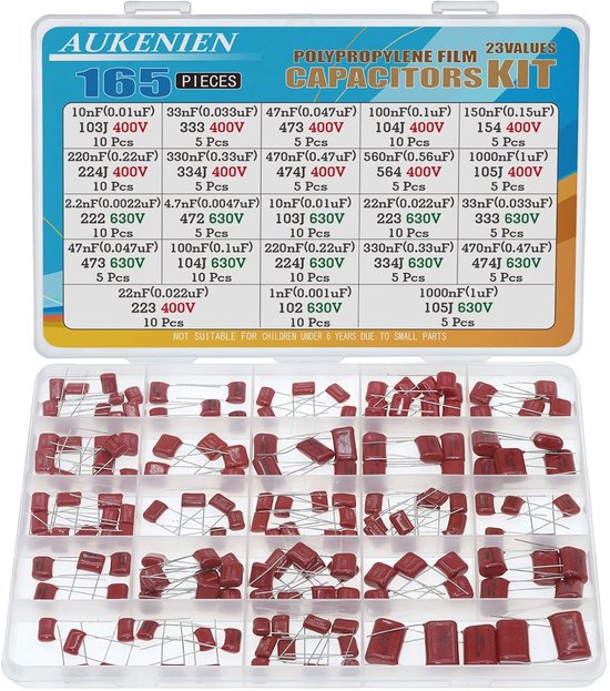 AUKENIEN CBB22 Condensator Assortiment – 165 Stuks, 23 Waarden, 400V En 630V, 1nF Tot 1µF