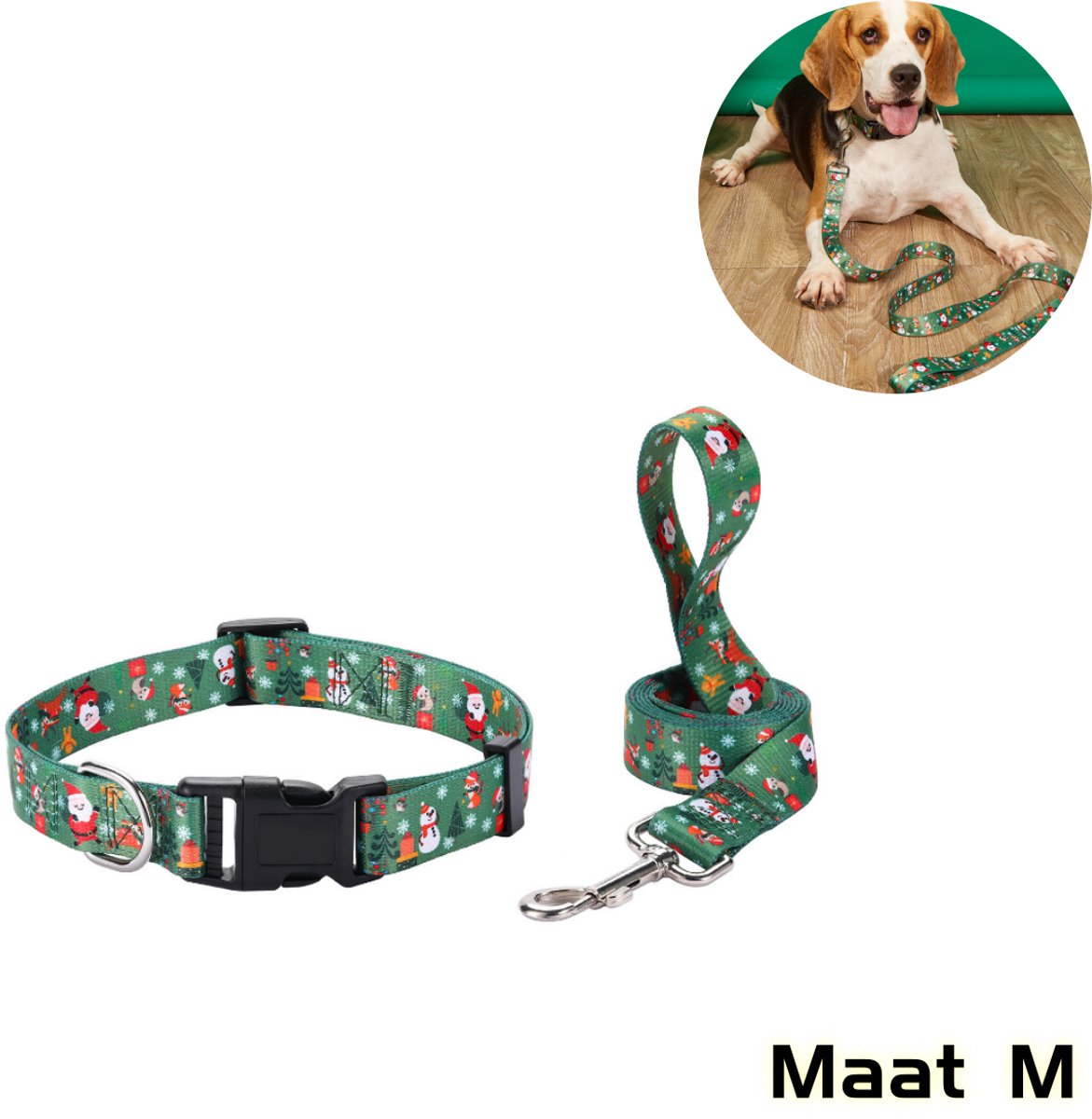 Huisdieraccessoires - Hondenhalsbanden en riemen - Kerstmanontwerp - Geschikt voor kerstfeesten - Hondenuitlaatset - Verstelbaar harnas voor kleine en middelgrote honden - Kerstversieringen - Maat M - Groene