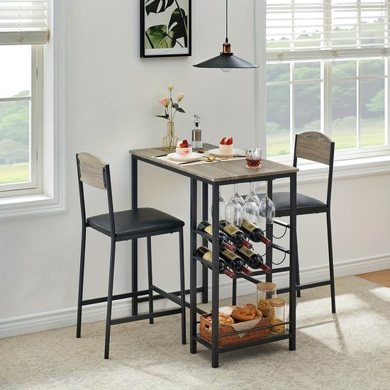 LIFEZEAL Bar Table Set with 2 Stools, Bar Table and Chairs with Footrest, Furniture with Cup Holder and 5 Shelves, Bistro Table, Industrial Steel, Load 150 kg (Brown LIFEZEAL Bar Table Set with 2 Stools, Bar Table and Chairs with Footrest, Furniture with Cup Holder and 5 Shelves, Bistro Table, Industrial Steel, Load 150 kg (Brown