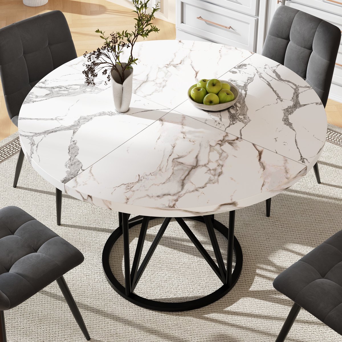 Wishdor Ronde Eettafel - Wit Marmerlook - Geometrisch Metalen Frame - Verstelbare Voetjes - Zwart en Wit - Ø 100 cm