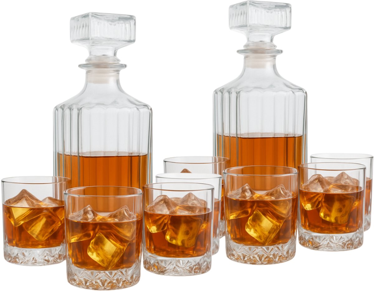 OTIX Whiskey Set - Karaf 2 Stuks - met 8 glazen - 10-delig - Transparant - 900ml - 230ml - Glas