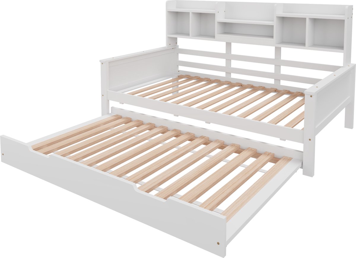 MODFU Uitklapbare slaapbank 90x200 cm – Massief grenenhout – Uittrekbaar bed 90x190 cm – Opbergruimte – Wit