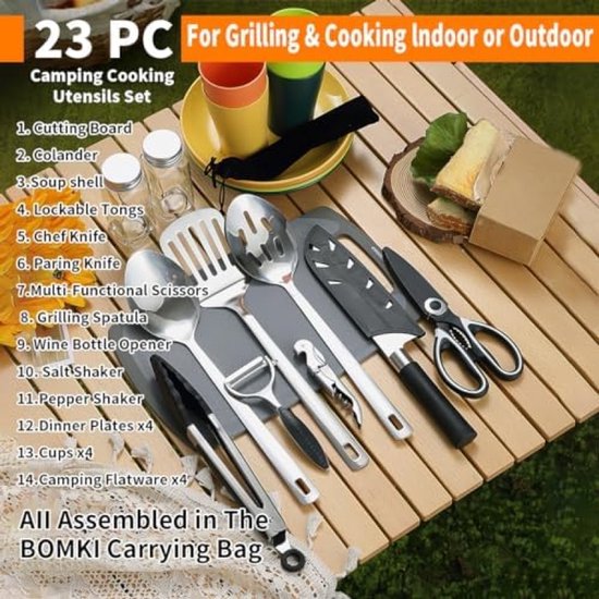 Camping kookset – Outdoor kookgerei – 23-delige kampeer kookuitrusting – Camping bestekset – Borden en bekers set – Keukengerei voor kamperen – Outdoor keukenset – Picknick kookset – Reis kookbenodigdheden – Compacte draagbare kampeer kookkit — afbeelding 3