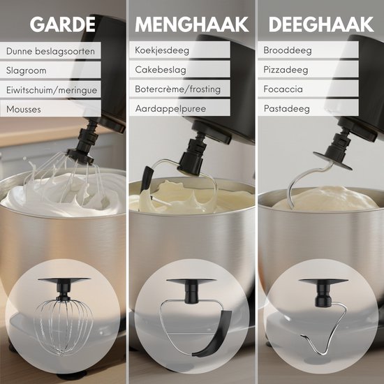 Drie opzetstukken voor keukenmachine: garde, menghaak en deeghaak.