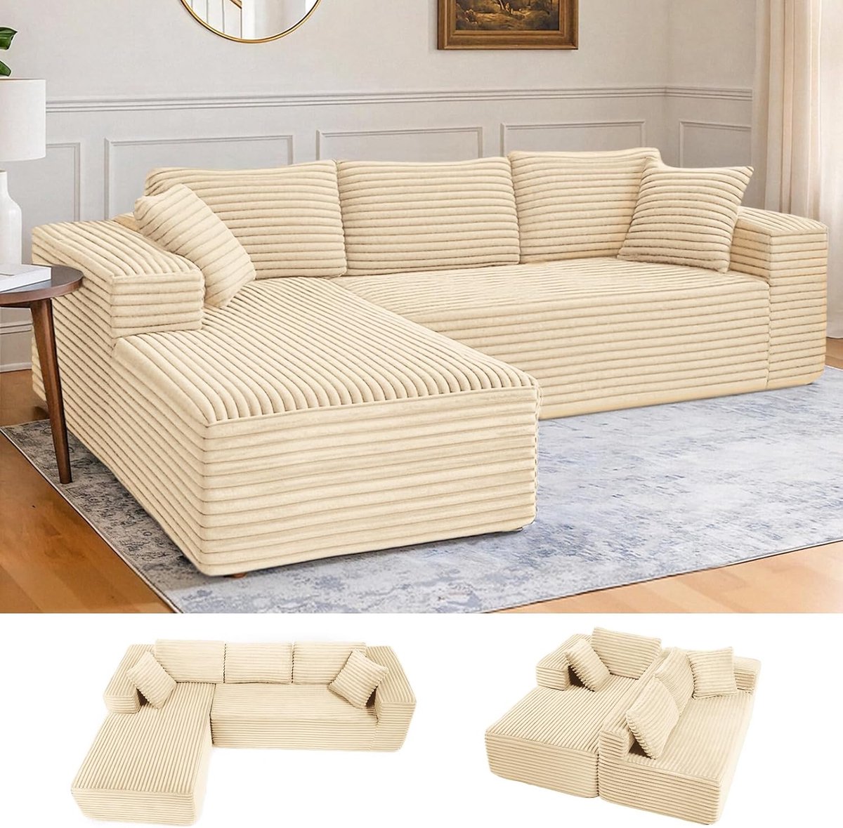 Bladez Moderne Corduroy sofa, 4-zits, modulaire U-vormige hoekbank met voetenbank, zonder montage, cloud gestoffeerde bank, banken te combineren, voor woonkamer (zwart, 4-zits 2