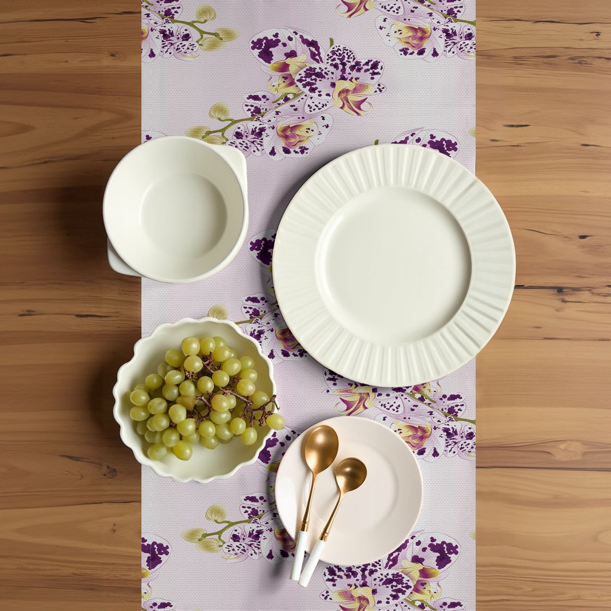 ABAKUHAUS Orchideeën-tafelloper – 40x225 cm – Polyester, poederroze crème
