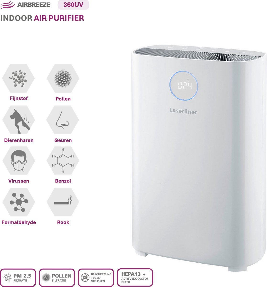 Laserliner AirBreeze 360UV - UV Luchtreiniger 360m³/h - HEPA13 - Inactiveren virussen/ bacteriën - Fijnstof 99,997% - Bijzonder stil < 20 dB - Verduisterend display - Wit design