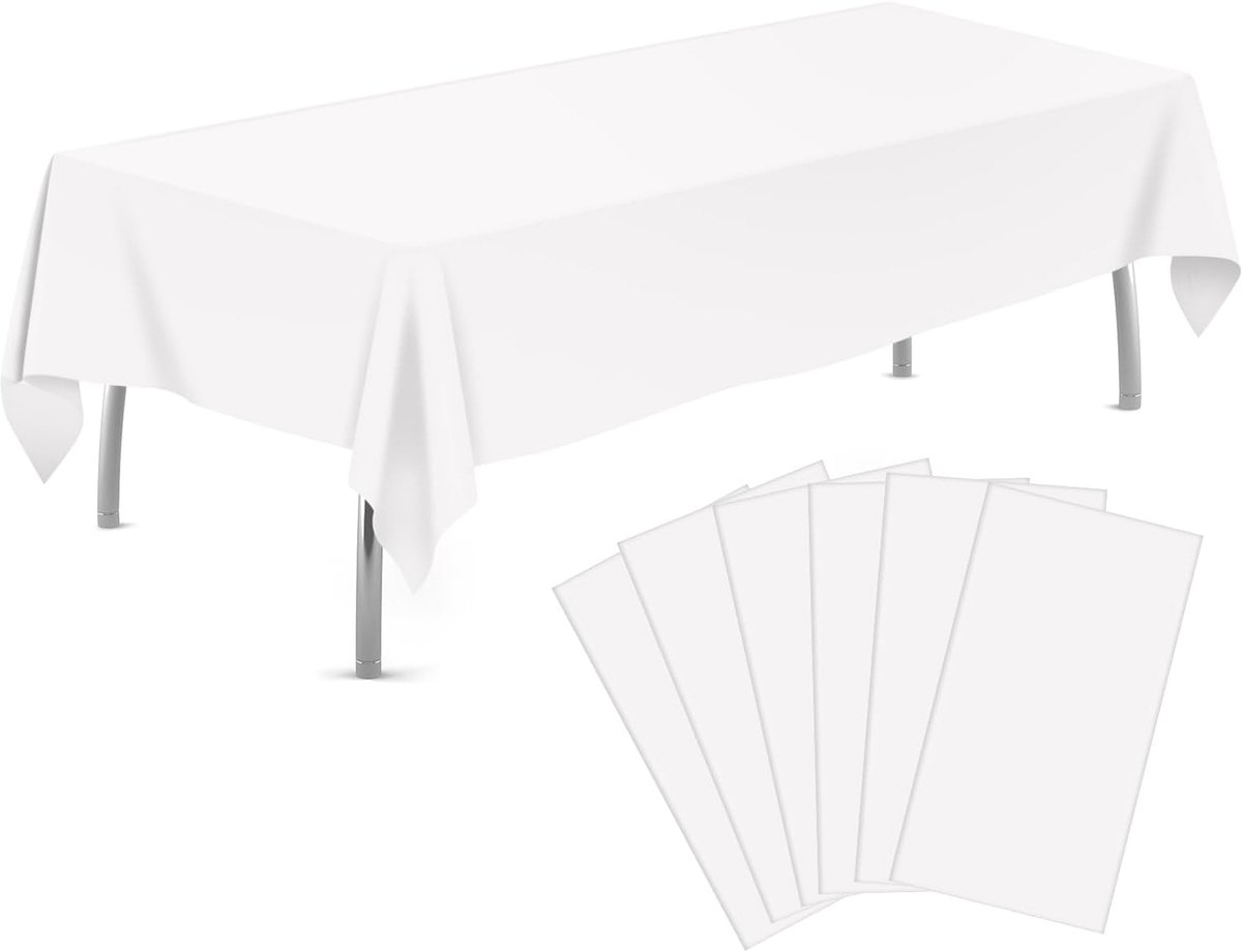 JeiibrZui Wegwerptafelkleed - Plastic Tafelkleed - Waterdicht En Leeggooien Gemakkelijk Voor Feesten & Picknicks - 6 Stuks - Rechthoekige Tafels - Wit